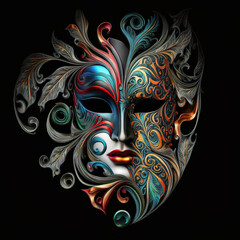 Colorful carnival ball venetian mask on black background. Generative Ai