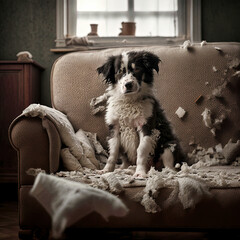 Fototapeta na wymiar A little dog sitting on a shredded armchair he destroyed - generative ai