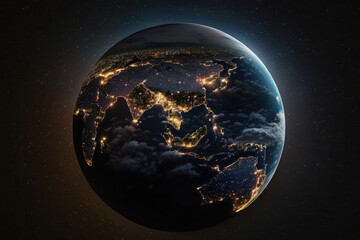 Breathtaking scene of earth lit up by cities against the dark sky, generative ai