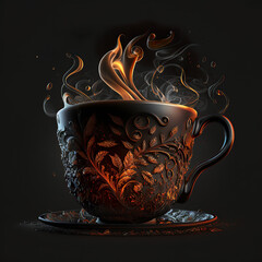 Rustic porcelain coffee cup with liquid on fire. Generative Ai