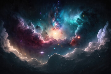 Ethereal night sky with twinkling stars and nebula, generative ai