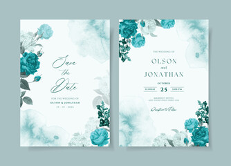 Watercolor wedding invitation template set with romantic teal floral and leaves decoration