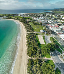 Amazing aerial view of Apollo Bay coastline, Great Ocean Road - Australia