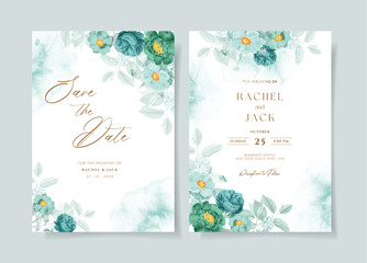 Watercolor wedding invitation template set with romantic floral and leaves decoration