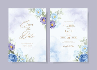 Watercolor wedding invitation template set with romantic blue and purple floral and leaves decoration