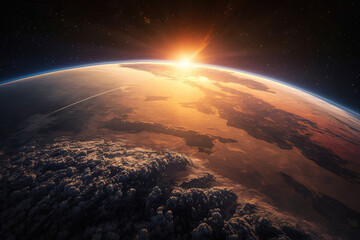 Fototapeta na wymiar Panoramic view of Earth at sunrise from space, generative ai
