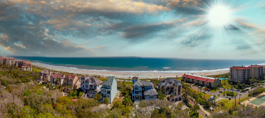 Amazing  panoramic aerial view of Amelia Island from drone at dusk, Florida - USA