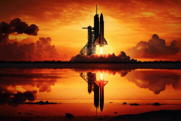 Rockets gleaming against a dramatic sunset, generative ai