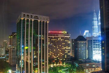 Kuala Lumpur at night, Malaysia. Aerial view of major skyscrapers and landmarks