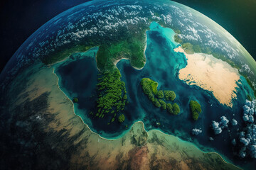 Stunning close-up of earth with its lush green forests and blue oceans, generative ai