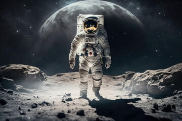 Stunning spacewalk on moon's craters, brave astronaut in space suit, generative ai