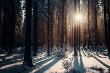 Winter in the woods at sunset, landscape, winter scene