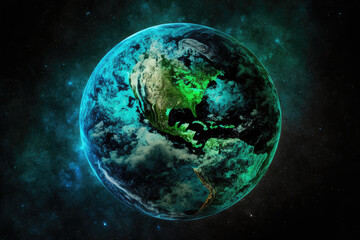 Obraz na płótnie Canvas Vibrant blue and green earth floating in the vastness of space, generative ai
