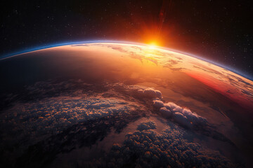 Vibrant sunrise illuminating Earth from space, generative ai