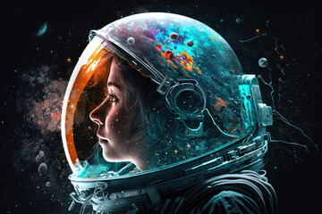 Obraz na płótnie Canvas A female astronaut in a glass helmet surveys the infinite universe, searching for answers, generative ai