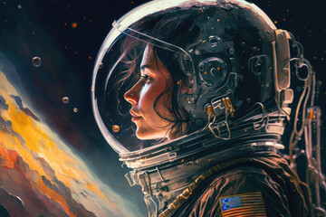 Against a backdrop of stars, a female astronaut in a glass helmet stands ready for her mission, generative ai