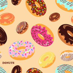 Seamless pattern of delicious fluffy donuts with glossy milk glaze, dark, white chocolate and strawberry glaze. Food vector illustration.