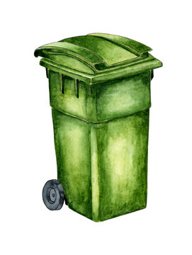 Watercolor illustration of a trash can. Green plastic jar for waste disposal. Symbol of ecology, recycling and waste. Waste bin on wheels. Isolated on a white background. Drawn by hand.