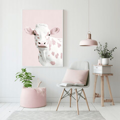 Stanza bianca e rosa con piante in vaso, sedia con cuscino e stampa su tela di mucca generata dall'AI