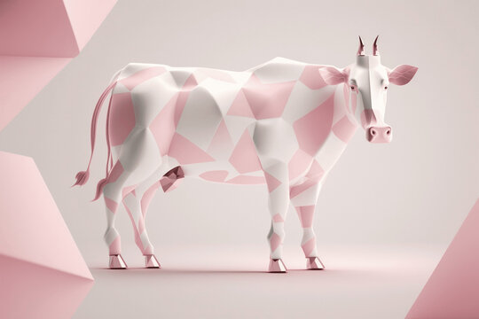 Mucca poligonale rosa e bianca in stile vettoriale su sfondo bianco generata dall'AI