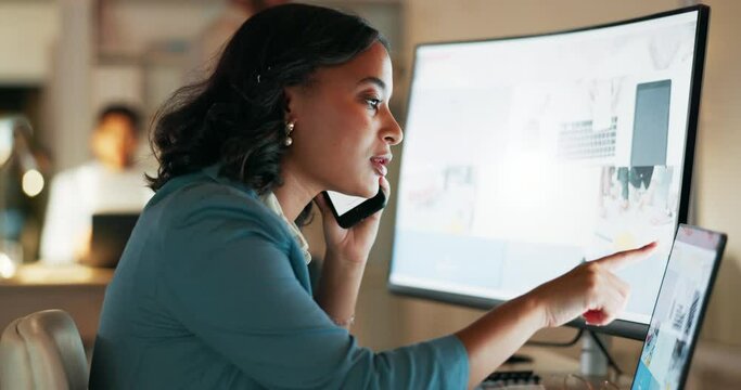 Phone call, planning and night with business woman at computer for strategy, networking and digital marketing. Leadership, management and deal with employee in office for help, review and website