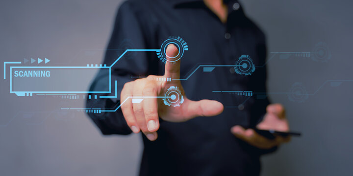 Cyber security, Technology safety of future and Biometric identification on internet, Fingerprint scan provides access of security and identification of business, Banking and finance, Cloud computing