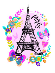 Fototapeta na wymiar Paris print T-shirts and card. Hand lettering. Design for girls. Fashion illustration drawing in modern style. Girlish print with Eiffel Tower and flower
