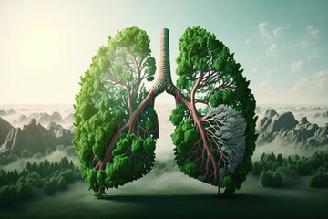 A tree with green leaves in the shape of human lungs g, concept of Photosynthesis and Oxygenation, created with Generative AI technology
