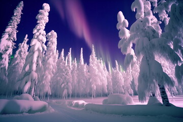 Northern Lights over the winter forest. Aurora borealis with starry in the night sky. Fantastic Winter Epic Magical Landscape. Harsh northern Finnish nature. Generative AI