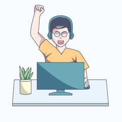 Playing games on the computer, cartoon illustration