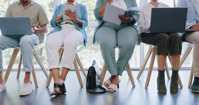 Hiring, recruitment and job interview waiting room with business people preparing for hr meeting. Queue, we are hiring or group sitting together at startup company for employment, job or opportunity
