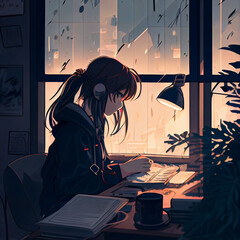 Fototapeta na wymiar Lofi Girl studying at her desk. Rain ourside, beautiful chill, atmospheric wallpaper. 4K background. lo-fi, hip-hop style. Anime manga style.