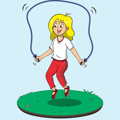 Dibujo vectorial de una joven haciendo actividades fisicas saltando a la cuerda.