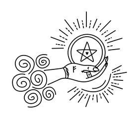 Ace of pentacles with rune Fehu on the hand, black and white symbol of wealth