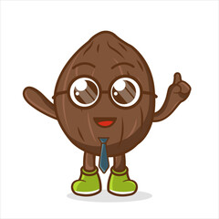 Cute coconut character with happy face and Gesture pointing up. Fruit character icon concept isolated.