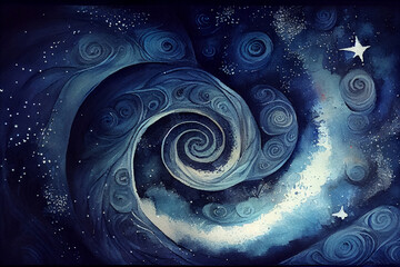 Stunning Digital Watercolor Painting of Swirling Night Sky with Stars and blue Hues. generative ai art