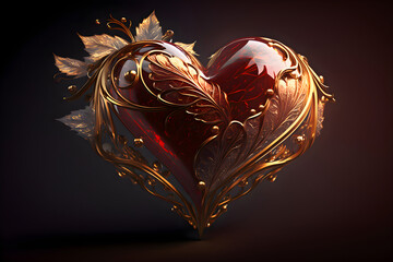Antique, heart shaped with golden metalwork inset with a large heart shaped ruby generative AI. valentines day