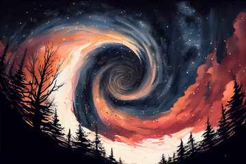 Fototapeta na wymiar Stunning Digital Watercolor Painting of Swirling Night Sky with Stars and Red Hues. generative ai art
