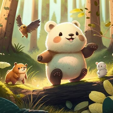 funny panda with animal in the forest illustration
