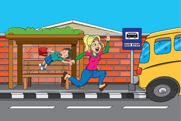 Madre perdiendo el autobus de la escuela. © Edwart_1980