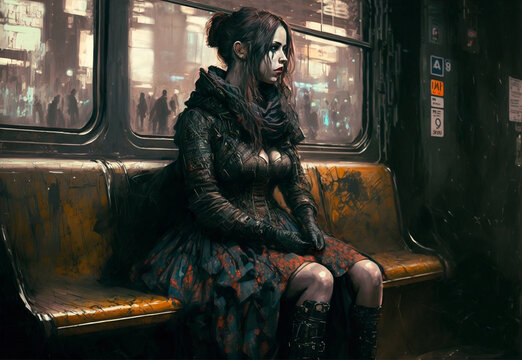 Gothic woman on the train or subway generative AI	