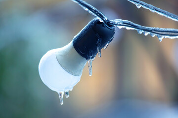 Fototapeta na wymiar icicles on frozen street lighting lamps. winter weather season. street interior details. object of electricity