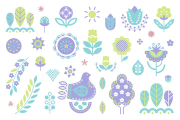 Spring stylized flowers, trees, plants, bird, geo minimalistic shapes collection of isolated elements. Cute bird on a nest with eggs. Scandinavian countries and the Nordic art aesthetic inspired.