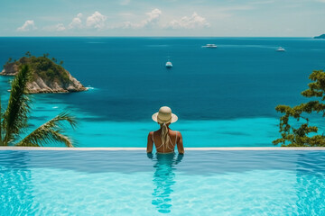 Fototapeta na wymiar mulher linda em piscina com borda infinita vista para paisagem incrível do mar 