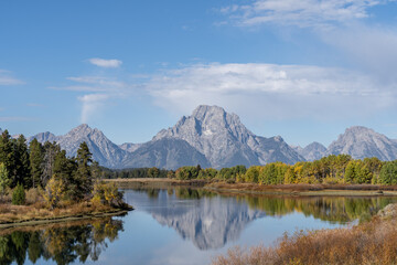 Fototapeta na wymiar Mt. Moran and the Grand Tetons reflected in still water of the Snake River at Oxbow Bend in Autumn 