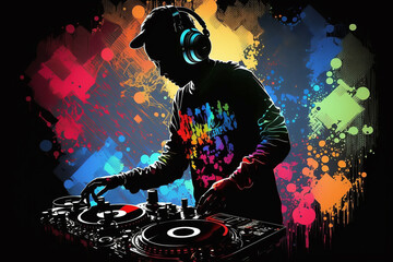 dj, arte colorica com fones de ouvido em mesa de mixagem de som 