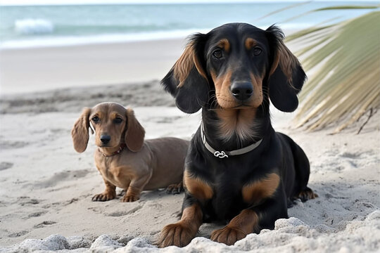 cadela da ra&ccedil;a Dachshunds com filhote fofo na praia 