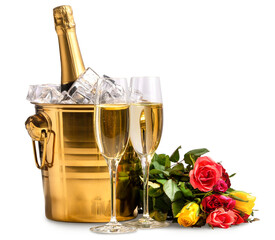 Two glasses of champagne, a bucket with a bottle of champagne and ice and a bouquet of multi-colored roses on a white background