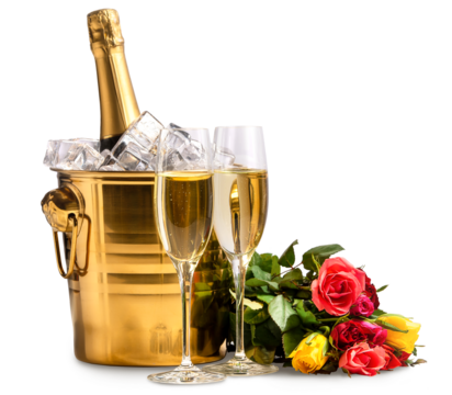 Two glasses of champagne, a bucket with a bottle of champagne and ice and a bouquet of multi-colored roses on a white background