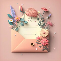 Pink paper letter envelope whith flowers, Marker Art, Cartoon creative design icon isolated on background AI generated